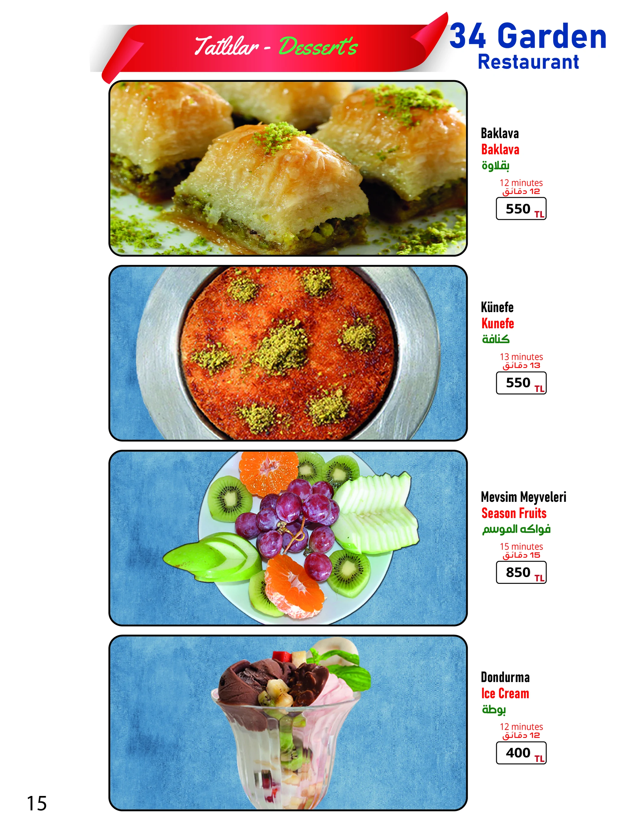34 Garden menü 15 — Tatlılar